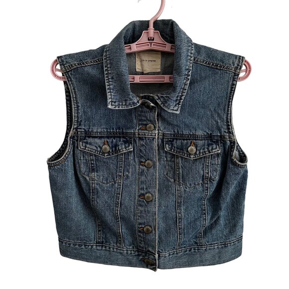 Life In Progress 80s Cropped Style Women's Denim Trucker Vest SZ M Biker Boho - Picture 1 of 8